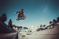 Person jumping with skateboard in school