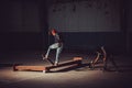 Person jumping with skateboard, film in street