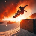 person jumping with their snowboard