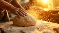 A person kneading dough on a table with flour sprinkled all over it, AI