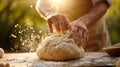 A person kneading dough on a table with flour sprinkled all over, AI