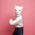 Person in lama mask costume on pink background