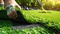 A person is laying down artificial grass in a garden