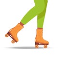 Person legs with rollers. Body part legs in roller skate trick. Sport, recreation, relax, hobby theme. Casual