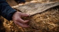 Person lifts a layer of material off a stack of straw during a work session on a farm in the afternoon Royalty Free Stock Photo