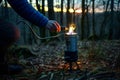 person lighting a portable camping stove in a forest at dusk Royalty Free Stock Photo