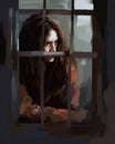 A person with long unkempt hair sitting inside a padded cell looking out the window with a wild expression Psychology