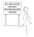 Person Looking at Apology Sign and Falling Down, Vector Cartoon Stick Figure Illustration