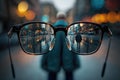 person, looking through new pair of glasses, with blurred image in background Royalty Free Stock Photo