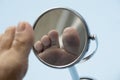 Person looking at the sole of the foot in a mirror