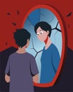 A person looking at their distorted reflection in a mirror with multiple cracks unsure of what they see.. Vector Royalty Free Stock Photo