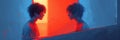 Person looking at their reflection in a red and blue light, symbolizing self-reflection and duality. Male vulnerability Royalty Free Stock Photo