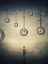 Person lost in time conceptual painting. Surreal scene with a man perplexed among multiple clocks hanging down and showing