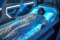person lying in a hightech bed simulating sleeping in zero gravity