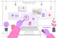 person with magnifying zoom fixing malware antivirus scanning virus attack trojan search bugs detection concept