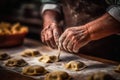 A person is making dumplings on a table. Generative AI image. Royalty Free Stock Photo
