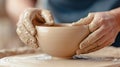 A person making a pottery bowl on the wheel with their hands, AI Royalty Free Stock Photo