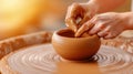 A person making a pottery bowl on the wheel with their hands, AI Royalty Free Stock Photo