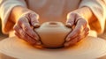A person making a pottery vase on the wheel with their hands, AI Royalty Free Stock Photo
