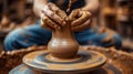 A person making a pottery vase on the wheel with their hands, AI Royalty Free Stock Photo