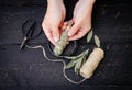 Person making white sage Salvia apiana smudge stick at home with homegrown sage leaves. Royalty Free Stock Photo