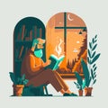 Man enjoy shit down reading a book hygge concept vector flat color Royalty Free Stock Photo