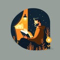 Man enjoy shit down reading a book hygge concept vector flat color Royalty Free Stock Photo