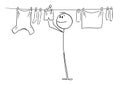 Person or Man Hanging Clean Clothes on Line Using Pegs , Vector Cartoon Stick Figure Illustration