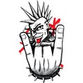 Person man representing the punk movement, with mohawk hair making horns with his fingers and tongue out