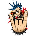 Person man representing the punk movement, with mohawk hair making horns with his fingers and tongue out