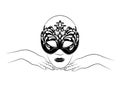 Person in mask of Columbine. Holiday mask for face cover at carnival or masquerade. Festival costume part for brazil festive