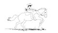 Person in mask and hat rides a horse. One line. Sketch. Cowboy, rodeo. Wild West. Rider or female rider in a horse race