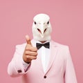 Person with a mask. Man wearing white suit and funny pigeon bird mask. Royalty Free Stock Photo