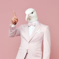 Person with a mask. Man wearing white suit and funny pigeon bird mask. Royalty Free Stock Photo