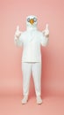 Person with a mask. Man wearing white suit and funny pigeon bird mask. Royalty Free Stock Photo