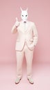Person with a mask. Man wearing white suit and funny pigeon bird mask. Royalty Free Stock Photo