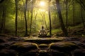 Person meditating in deep forest, generative AI Royalty Free Stock Photo