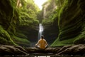 Person meditating in front of waterfall in deep forest, generative AI Royalty Free Stock Photo