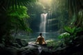 Person meditating in front of waterfall in deep forest, generative AI Royalty Free Stock Photo