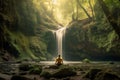 Person meditating in front of waterfall in deep forest, generative AI Royalty Free Stock Photo