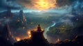 Person meditating in a magical environment with a view over majestic valley and mountains. Generative AI