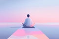 A person meditating on a platform over calm water during a serene sunset Royalty Free Stock Photo