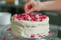 person meticulously adding candied rose petals to an icingcovered cake