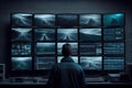 person, monitoring a bank of screens with real-time footage from security cameras