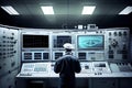 person, monitoring the security of nuclear power plant, with view of control room and equipment