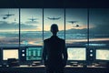 person, monitoring the surveillance room, with view of busy airport terminal and planes landing and taking off