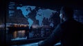 Person monitors global shipping data on multiple screens at night. Digital map shows global network with cargo ship in harbor. Royalty Free Stock Photo