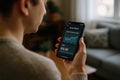 A person monitors real-time electricity cost using a smart meter mobile app with a graph interface in a modern living room Royalty Free Stock Photo