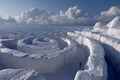 Person navigating a complex white maze under a clear blue sky with clouds Royalty Free Stock Photo
