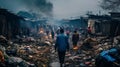 A person navigating through a crowded and chaotic urban slum